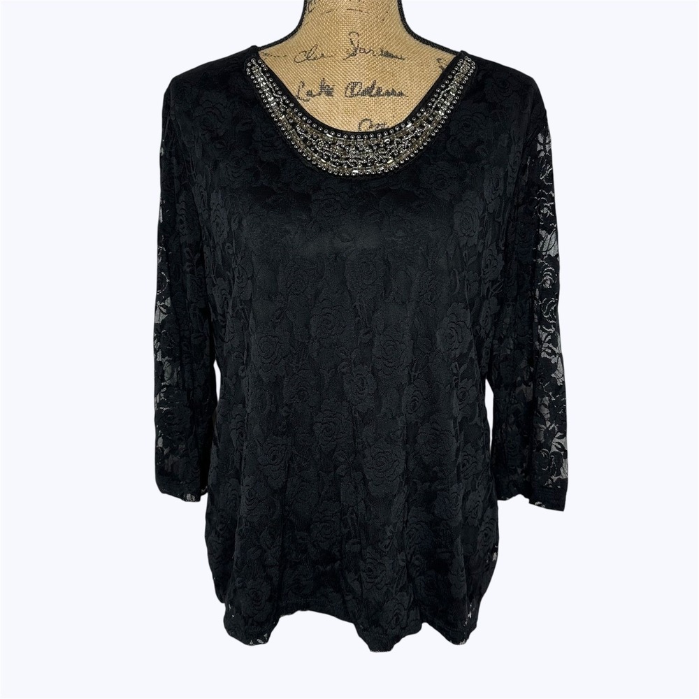 Cato Floral Top Black Beaded Sequin Neckline Sheer Lace Overlay Party Sz XL